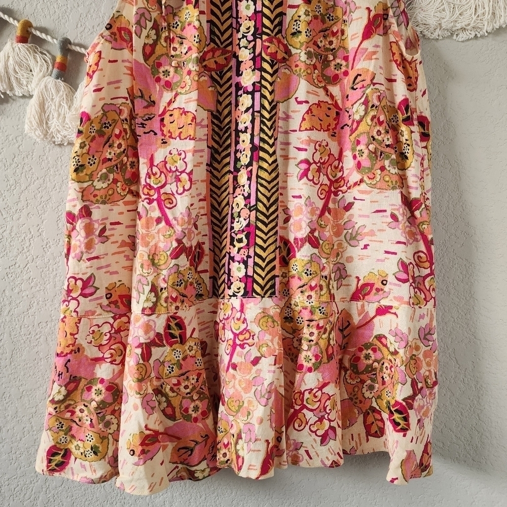Free People Summer In Tulum Linen Blend Pink Floral Ruffle Mini Dress Boho M - Picture 3 of 9